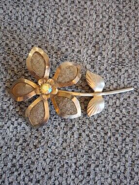 Gold-Tone Flower Brooch with Aurora Borealis Center